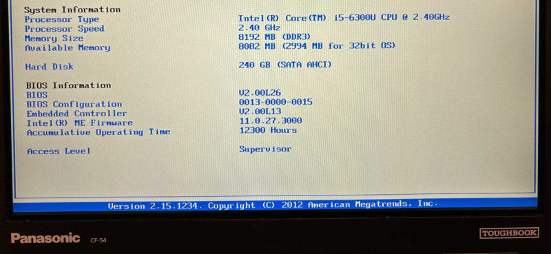 Panasonic ToughBook CF-54 TOUCH i5-6300U 8GB 240SSD 12300Hrs No Power Adapter