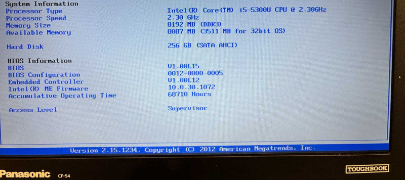 Panasonic ToughBook CF-54 i5-5300U 8GB 256SSD 68710Hrs No Power Adapter READ!