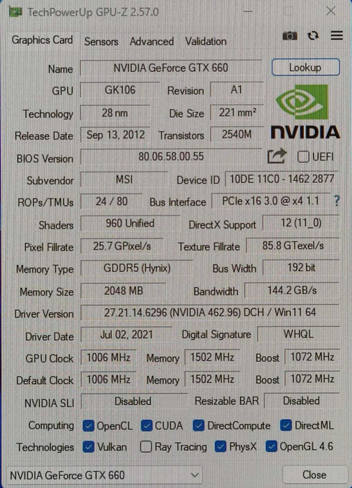 MSI GTX 660 Gaming OC 2GB GDDR5 Graphics Card