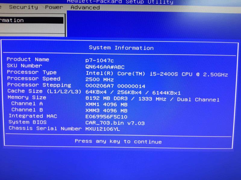 HP Pavilion Tower Desktop Intel Core i5-2400S, 2.5 GH, No HDD/SSD, No OS