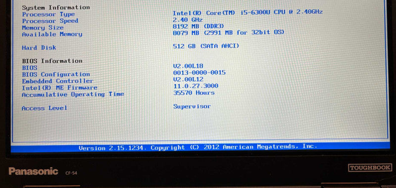 Panasonic ToughBook CF-54 TOUCH i5-6300U 8GB 512SSD 35570Hrs No Power Adapter
