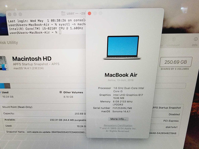 Apple Macbook Air Retina 2019 13\\" 2-Core i5-8210Y @ 1.6GHz 8GB DDR3 250GB SSD (