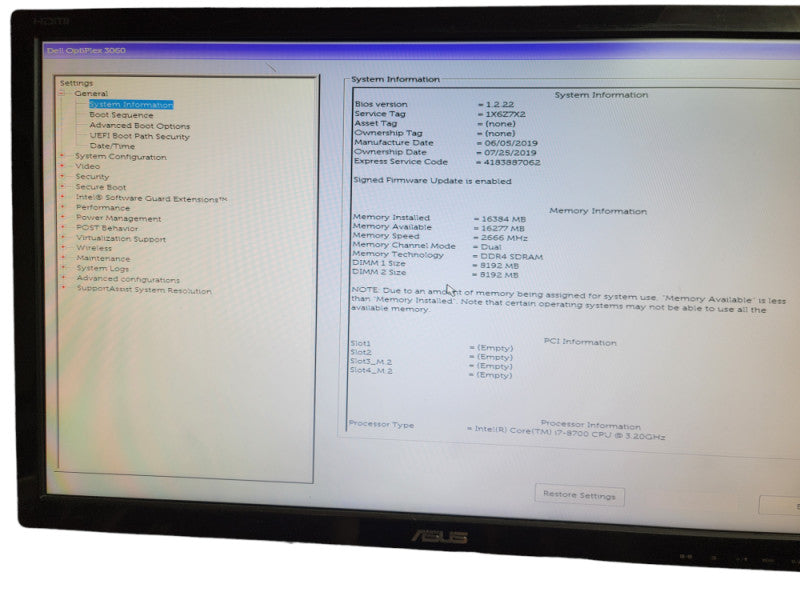 Dell Optiplex 3060 Inter i7 - 8700 @ 3.20GHz 16GB DDR4 Ram QÎ¸