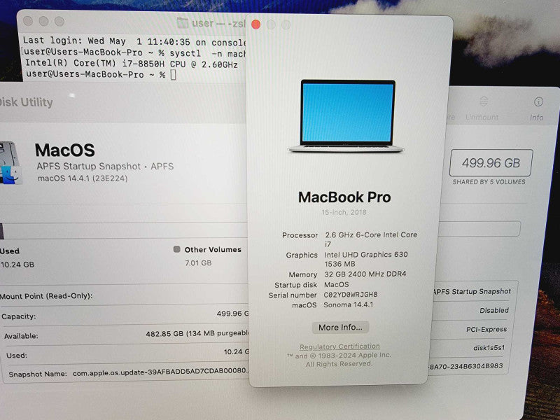Apple Macbook Pro 2018 15\\" 6-Core i7-8850H @ 2.6GHz 32GB DDR4 500GB SSD Radeon Pro 560X 4GB (