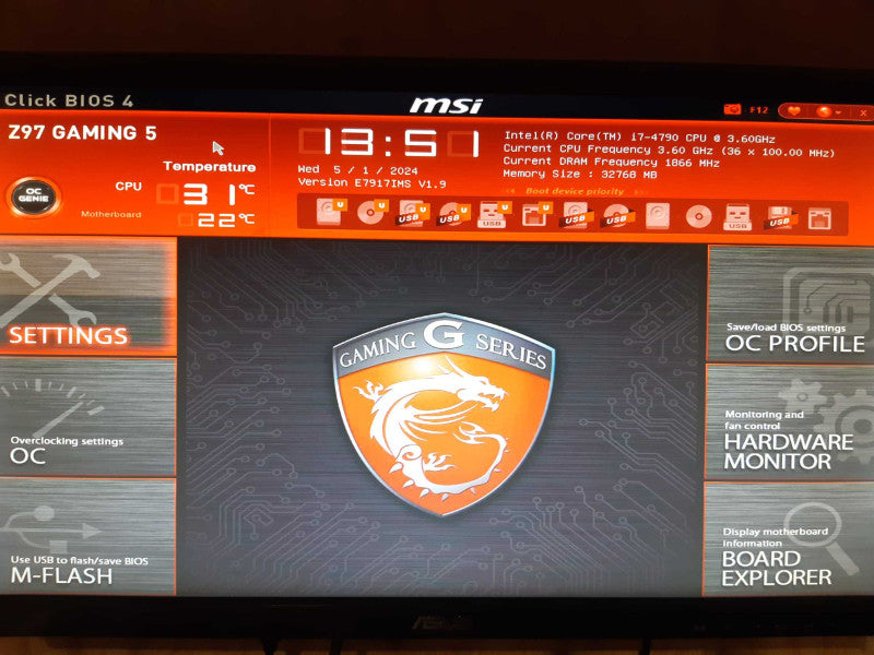 Desktop Tower, MSI-Z97 gaming 5,i7-4790 3.6 GHz, 32GM RAM, No HDD/SSD, No OS