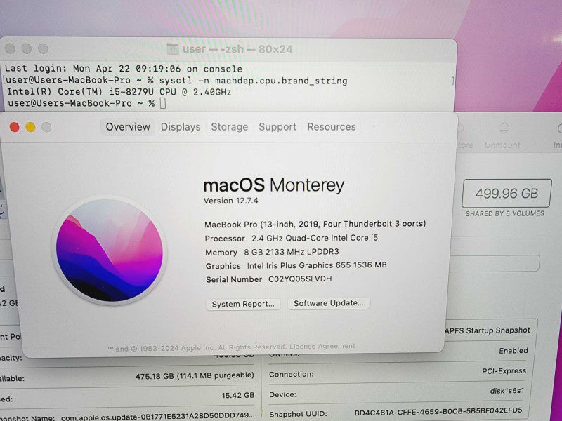 Apple Macbook Pro 2019 13\\" 4-Core i5-8279U @ 2.4GHz 8GB DDR3 500GB SSD [Read] (