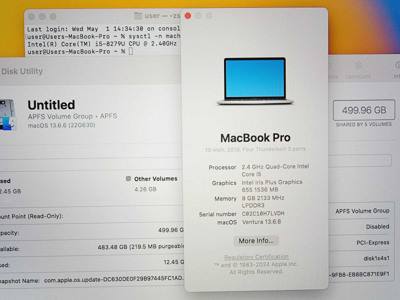 Apple Macbook Pro 2019 13\\" 4-Core i58279U @ 2.4GHz 8GB DDR3 500GB SSD (