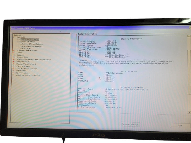 Dell Precision 3630 Tower Intel Core i7- 8700 CPU @  3.20GHz 16GB DDR4 Ram Î¸