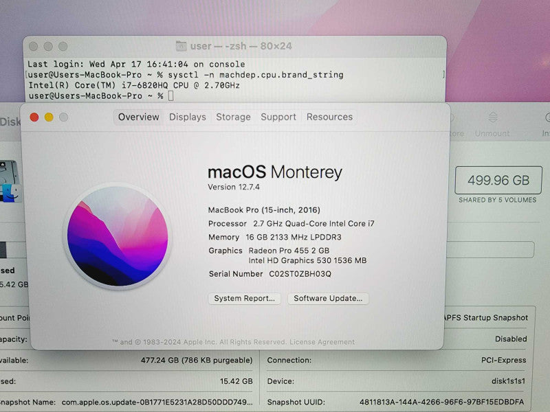 Apple Macbook Pro 2016 15\\" 4-Core i7-6820HQ @ 2.7GHz 16GB DDR3 500GB SSD Radeon Pro 455 2GB (