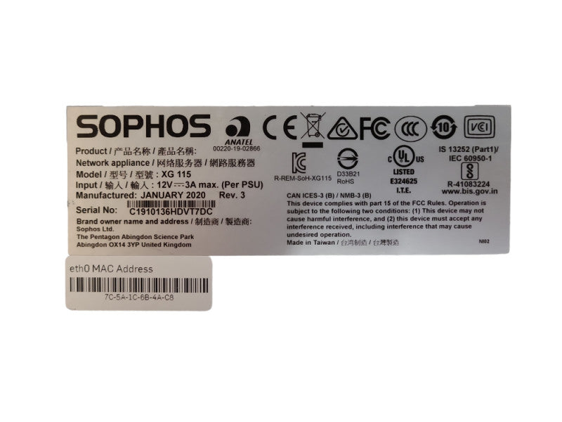 Sophos XG115 Rev 3, 4-Port Gigabit Firewall Appliance, Factory Reset