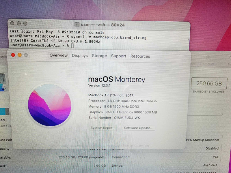 Apple Macbook Air 2017 13\\" 2-Core i5-5350U @ 1.8GHz 8GB DDR3 250GB SSD (
