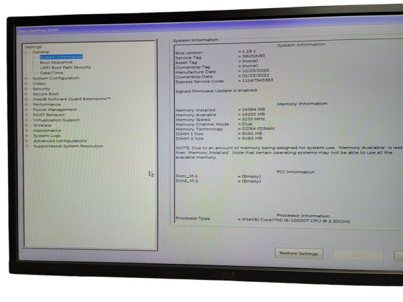 Dell OptiPlex 5080 Micro i5-10500T CPU @ 2.30GHz 16GB DDR4 Ram QÎ¸