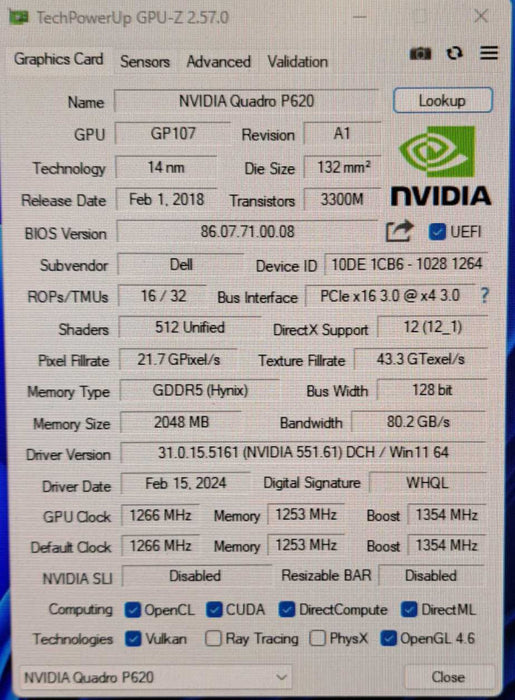 NVIDIA Quadro P620 2GB Low Profile Graphics Card | 4x MiniDP