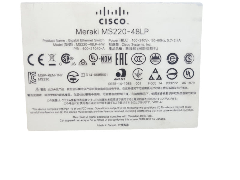 Cisco Meraki MS220-48LP-HW 48 Ports Rack Mount Gb Ethernet Switch UNCLAIMED _