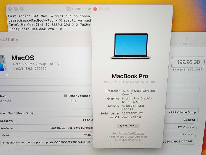 Apple Macbook Pro 2018 13\\" 4-Core i7-8559U @ 2.7GHz 16GB DDR3 500GB SSD (