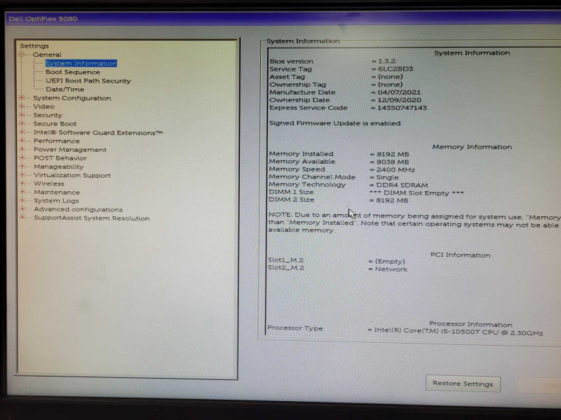 Dell 5080 Micro PC Core i5-10500T 2.3GHz 6C, 8GB DDR4, 400GB SSD, READ _