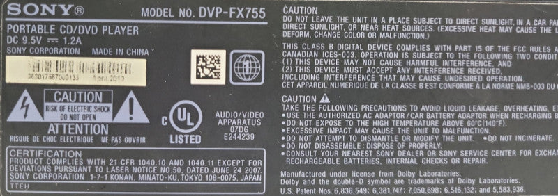 Sony 9.5V Portable CD/DVD Player DVP-FX755 &
