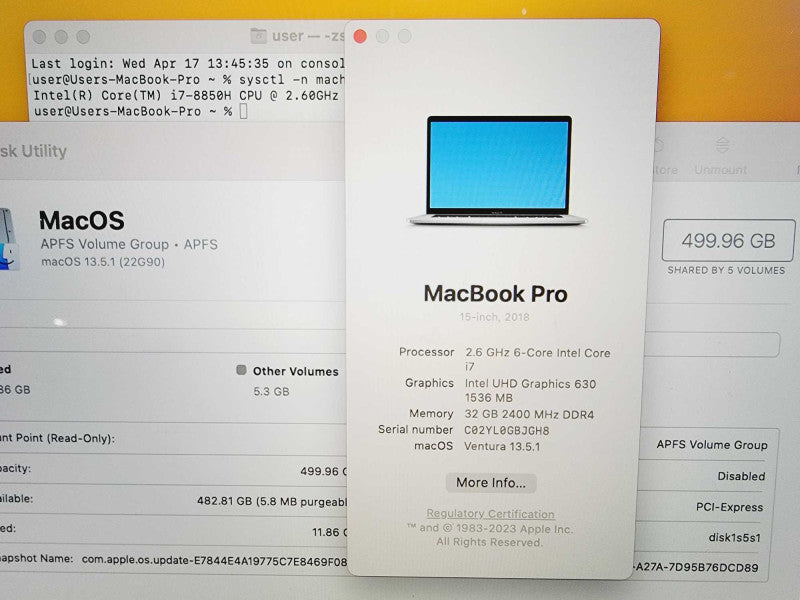 Apple Macbook Pro 2018 15\\" 6-Core i7-8850H @ 2.6GHz 32GB DDR4 500GB SSD Radeon Pro Vega 16 4GB(
