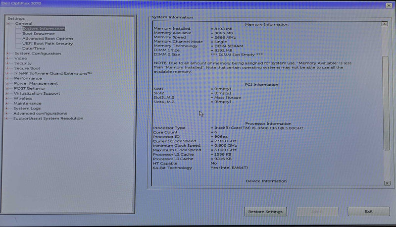 Dell OptiPlex 3070 SFF | i5-9500 @ 3.00GHz 6C, 8GB DDR4, 128GB NVMe