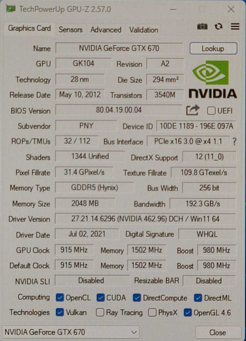 PNY XLR8 GTX 670 2 GB Enthusiast Edition GAMING Video Graphics Card