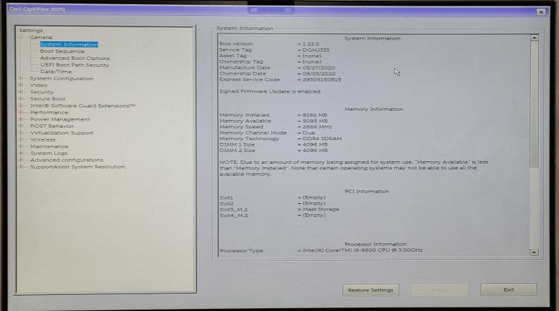 Dell OptiPlex 3070, Core i5-9500 3.00GHz, 8GB RAM, 256GB NVMe