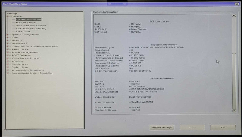 Dell OptiPlex 3070, Core i5-9500 3.00GHz, 8GB RAM, 256GB NVMe