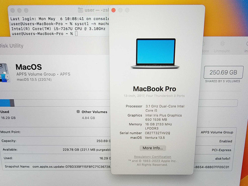 Apple Macbook Pro 2017 13\\" 2-Core i5-7267U @ 3.1GHz 16GB DDR3 250GB SSD (