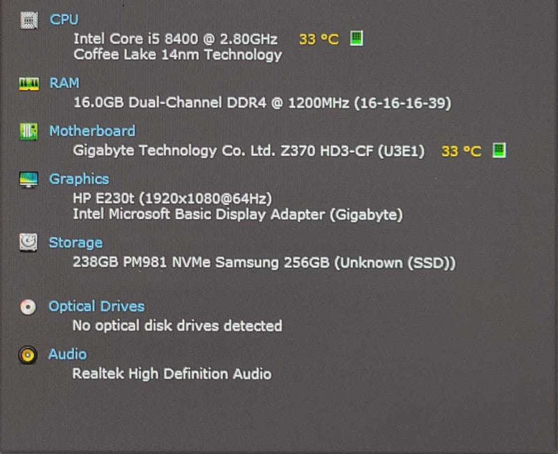 Custom PC/GIGABYTE Z370 HD3, i5-8400 2.80GHz, 16GB DDR4 RAM, 256GB Nvme