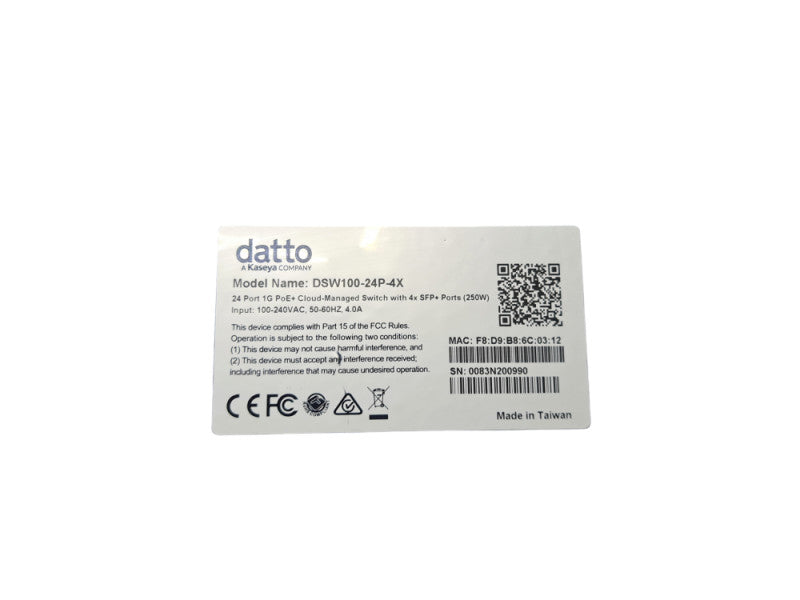 Datto DSW100-24P-4X | 24-Port Gigabit PoE+ Cloud Managed Switch | 4x 10G SFP+