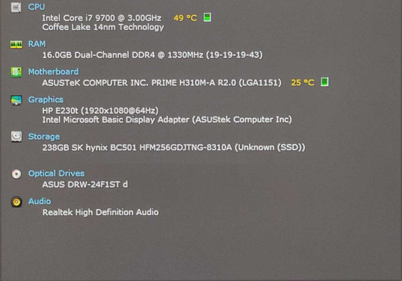 Custom PC/Asus PRIME H310M-A R2.0, i7-9700 3.00GHz, 16GB DDR4, 256 GB Nvme