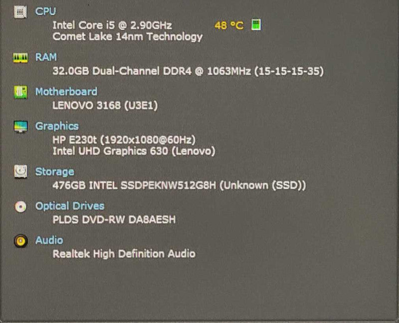 Lenovo ThinkCentre M70s Desktop SFF, i5-10400 2.90GHz, 32GB DDR4, 512GB Nvme