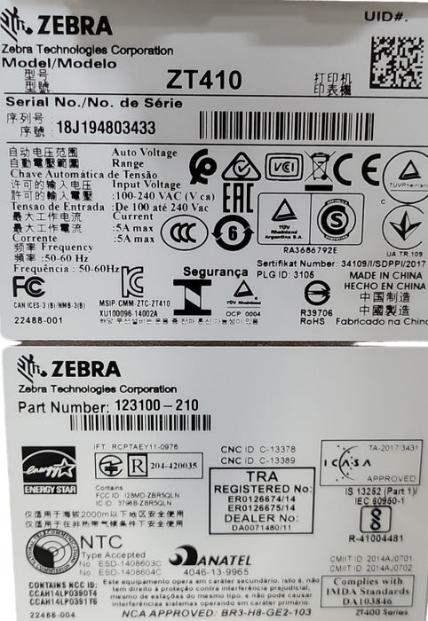 New Open-Box Zebra ZT410 Thermal Label Printer 123100-210 _