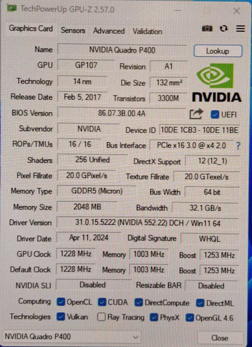 NVIDIA Quadro P400 | 2GB GDDR5 Graphics Card | 3x MiniDP | High Profile
