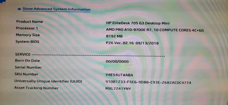 HP EliteDesk 705 G3 USFF AMD PRO A10-9700E R7 @3.00GHz 8GB DDR4 No HDD READ!
