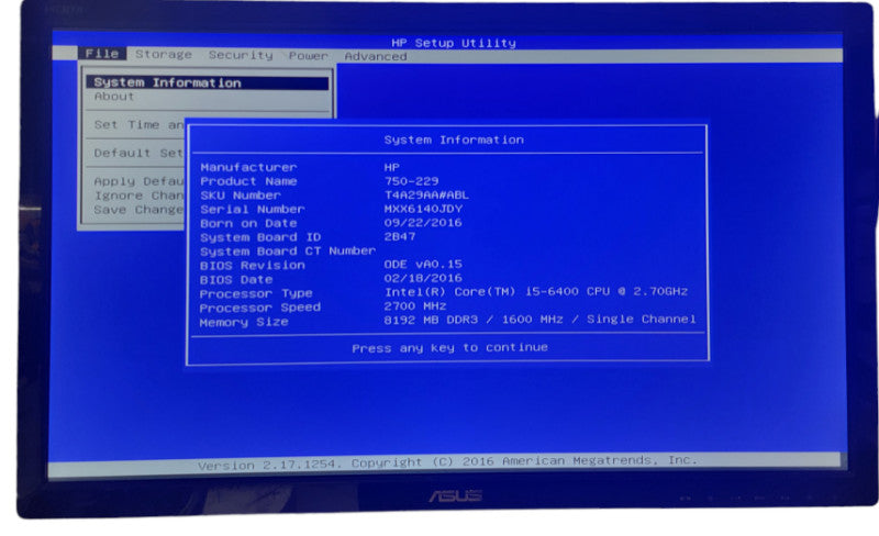 HP 750 - 229  Inter Core i5 - 6400 CPU @ 2.70GHz 8GB DDR4 Ram Î¸