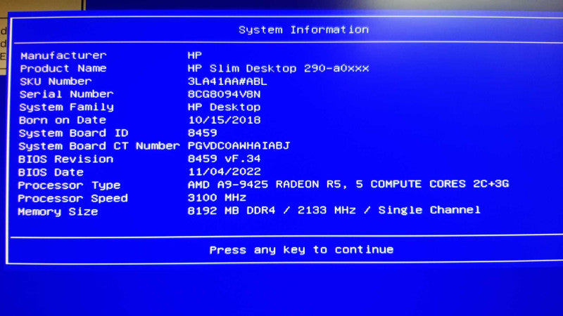 HP Slimline 290-a0019 SFF Desktop AMD A9-9425 CPU / 8GB RAM NO HDD READ!