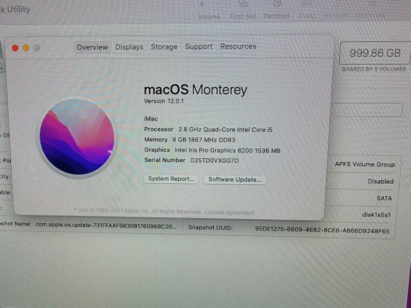 Apple iMac A1418 21.5\\" Late 2015 Intel I5-5575R 2.8GHz, 8GB Ram, 1TB HDD READ