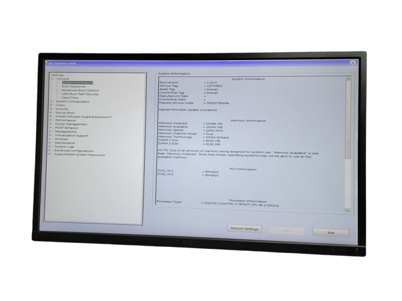 Dell optiplx 5070 USFF Inter Core(TM) i7 - 9700T CPU @ 2.00GHz 16GB DDR4 Ram Î¸
