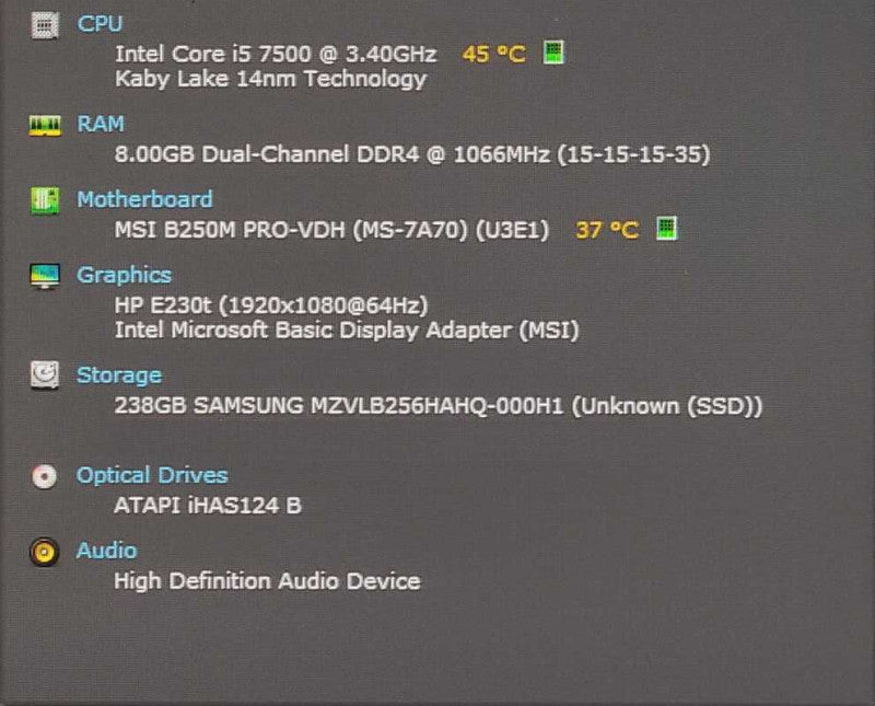Custom PC w/ MSI B250M PRO-VDH, i5-7500 3.40GHz, 8GB RAM, 256GB Nvme