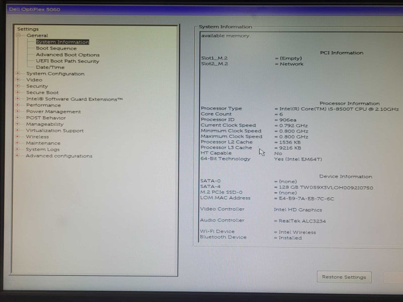 Dell OptiPlex 5060 USFF Core i5-8500T 2.1GHz 8GB DDR4 128GB SSD w/ Power adap Q_