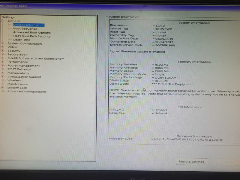 Dell OptiPlex 5060 USFF Core i5-8500T 2.1GHz 8GB DDR4 128GB SSD w/ Power adap Q_