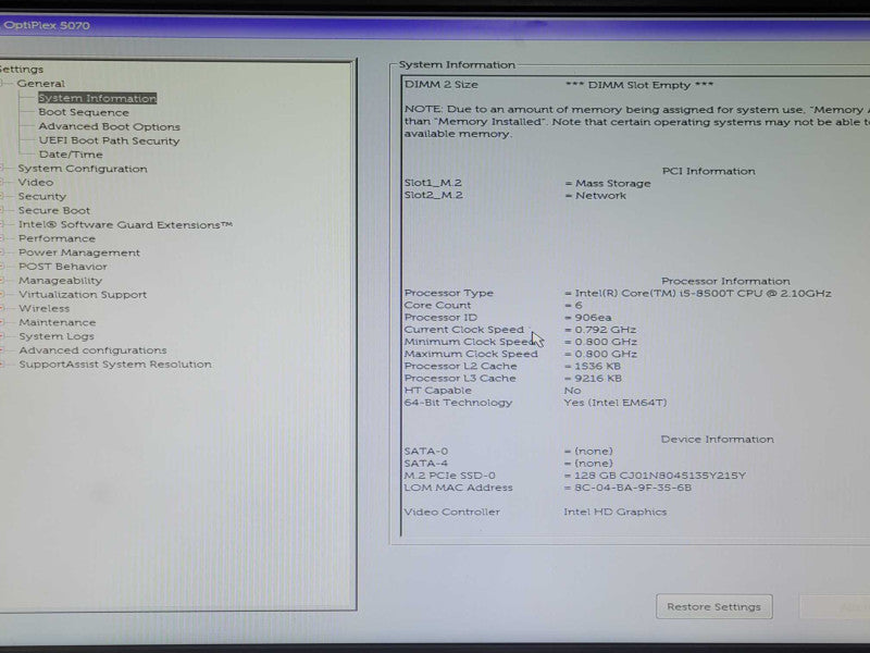 Dell OptiPlex 5070 USFF Core i5-8500T 2.1GHz 8GB DDR4 128GB SSD w/ Power adap Q_