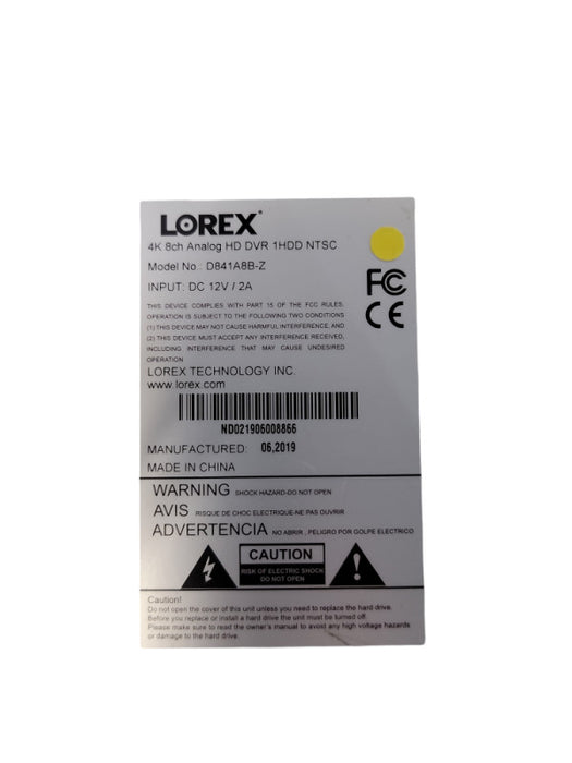 Lorex 8Ch DVR (only) D841A8B-Z with 2TB HDD