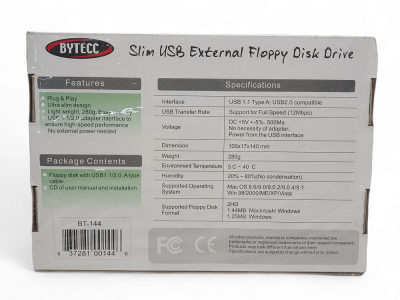 Bytecc BT144 USB 2.0 Data External Floppy Disk Drive -