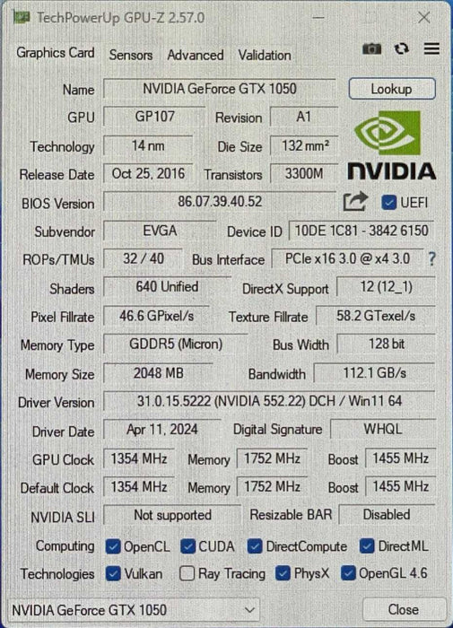 EVGA Nvidia Geforce GTX 1050 2GB GDDR5 Video Card