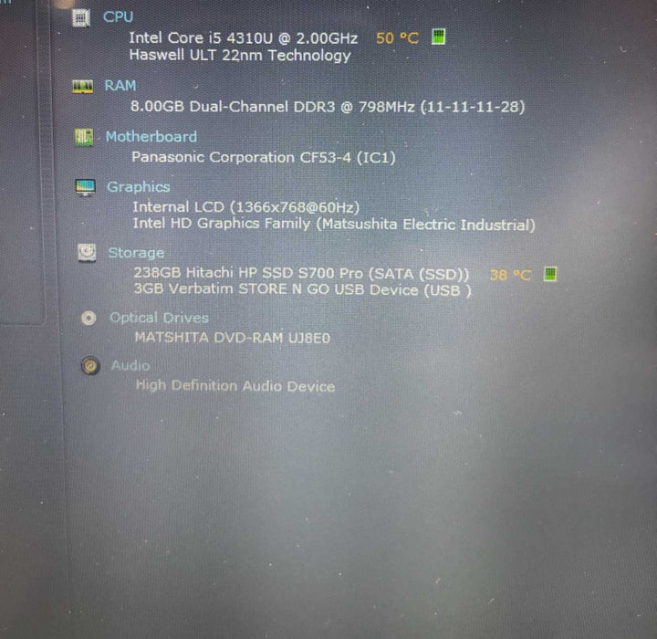 Panasonic ToughBook CF-53  i5-4310U 8GB 256SSD 6970Hrs White Blemishes on LCD