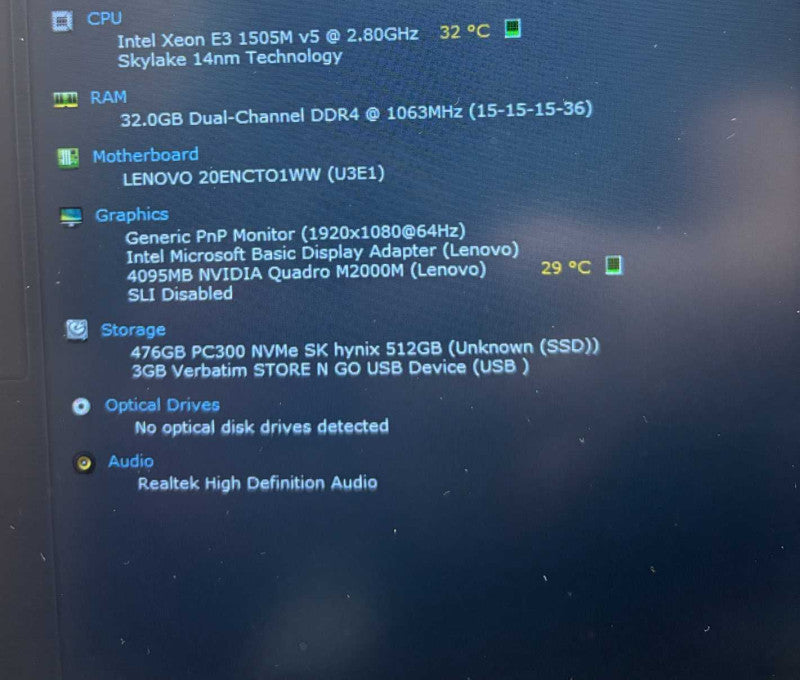 Lenovo ThinkPad P50 XEON E3-1505N@2.8GHz QUADRO M2000M 4GB GPU 32GB 512SSD Q Lap200