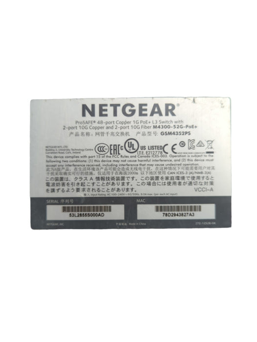 NETGEAR ProSAFE 48-port Gigabit PoE+ L3 Switch M4300-52G-PoE+ GSM4352PS -