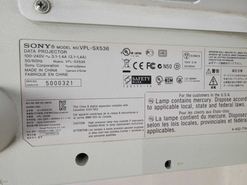 Sony VPL-SX536 XGA 3000 Lumens 3LCD Projector only, 319 Lamp Hour, No Remote _