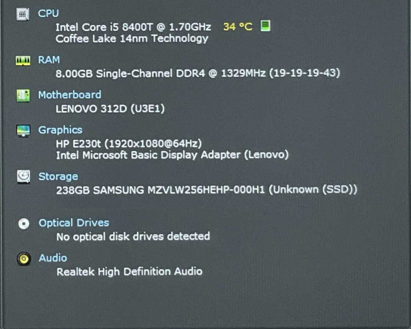 Lenovo ThinkCentre M720q, Core i5-8400T 1.70 GHz, 8GB DDR4, 256GB Nvme, WiFi